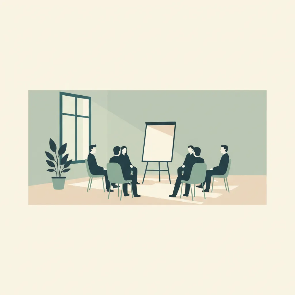 Illustration: Eine kleine Gruppe sitzt im Stuhlkreis um ein Flipchart in einem hellen Seminarraum.