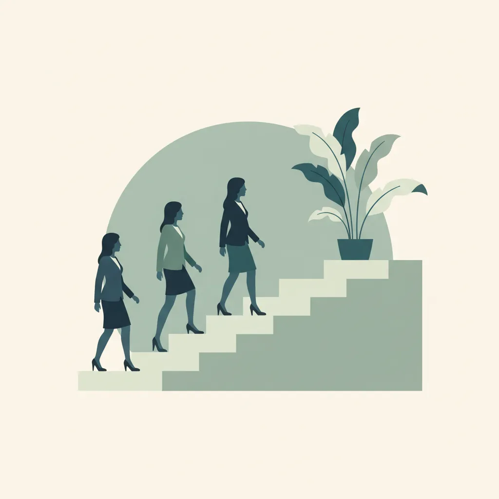 Illustration: Drei Frauen gehen gemeinsam eine breite Treppe hinauf, daneben wächst eine große Pflanze.