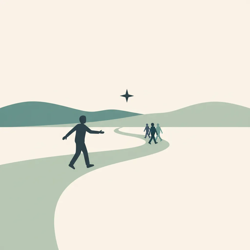 Illustration: Eine Person geht einer kleinen Gruppe auf einem geschwungenen Weg voraus, am Himmel ein Stern.