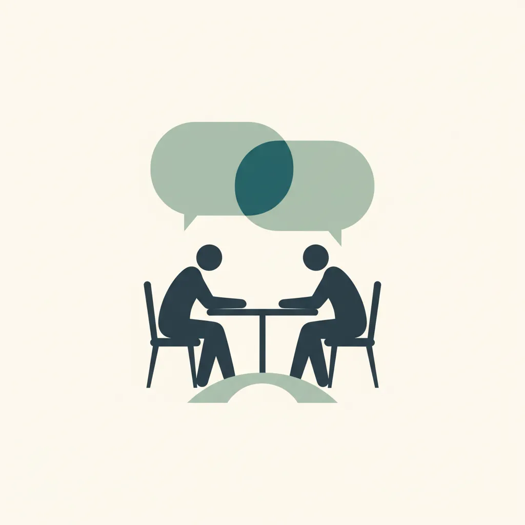 Illustration: Zwei Personen sitzen sich an einem Tisch gegenüber, zwischen ihnen überlagern sich zwei Sprechblasen ohne Text.